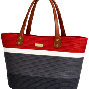Håndlavet SAI tote bag i vævet tekstil med rød, hvid, grå og sort farveopdeling samt hanke i PU-læder i en varm cognacfarve.