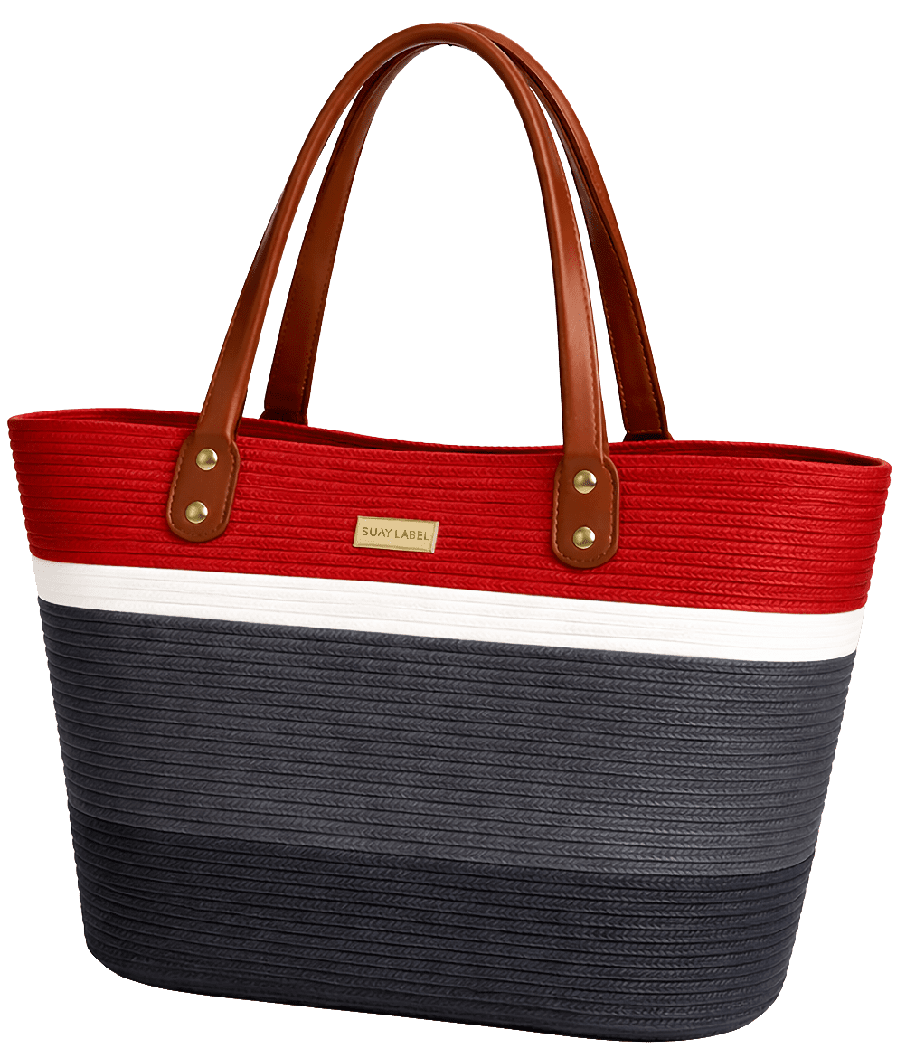 Håndlavet SAI tote bag i vævet tekstil med rød, hvid, grå og sort farveopdeling samt hanke i PU-læder i en varm cognacfarve.